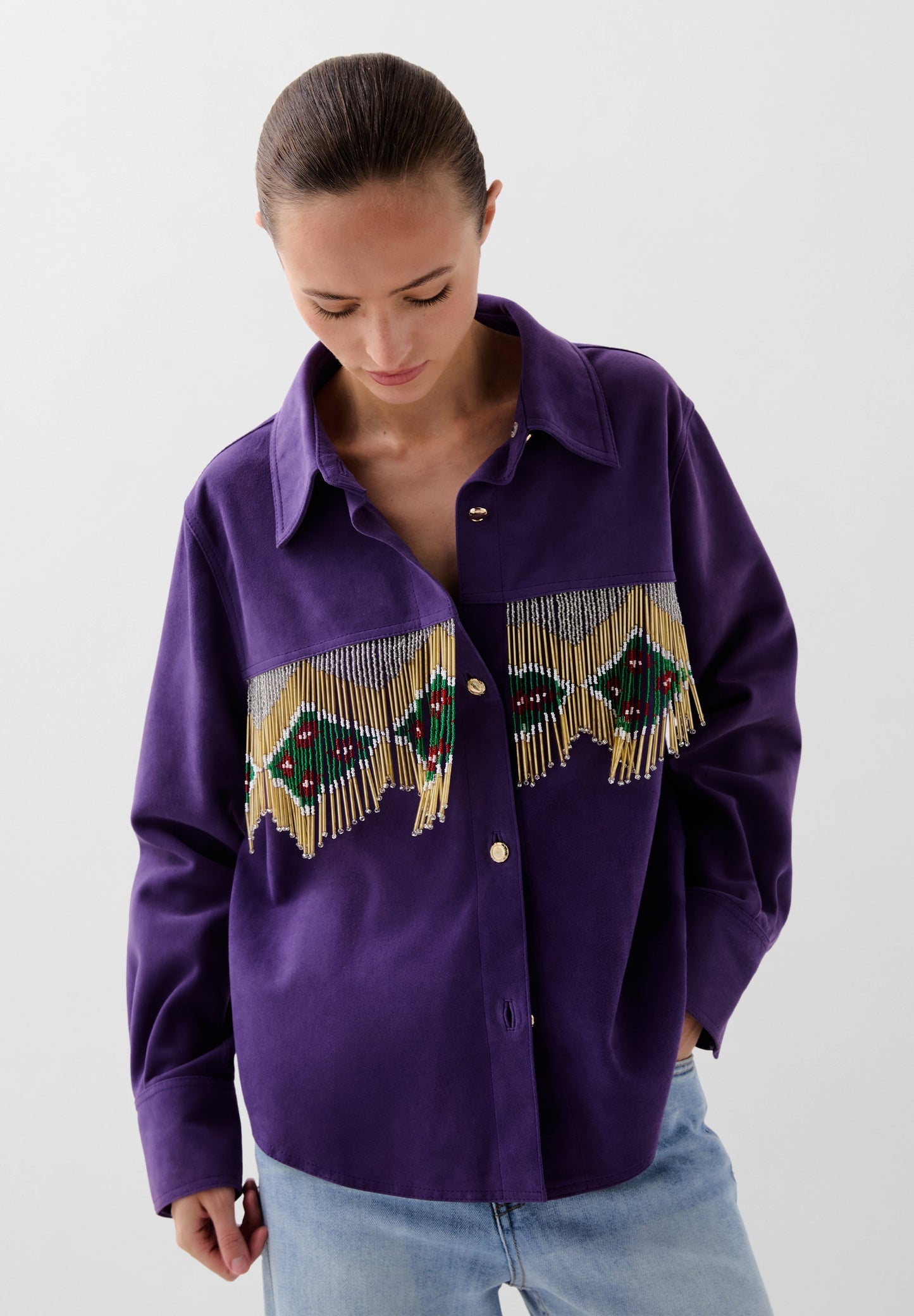 CHEMISE DAIM FRANGES PERLES