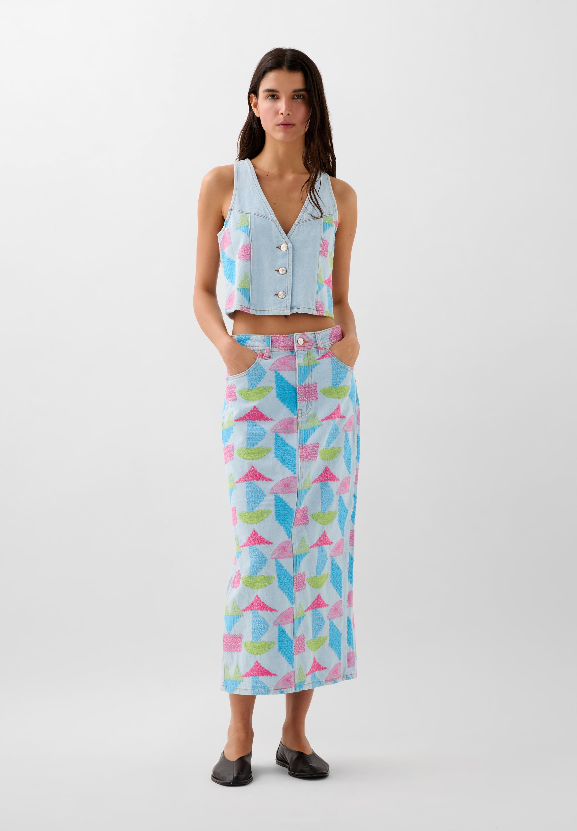 JUPE DENIM BRODERIES TRICOLORES