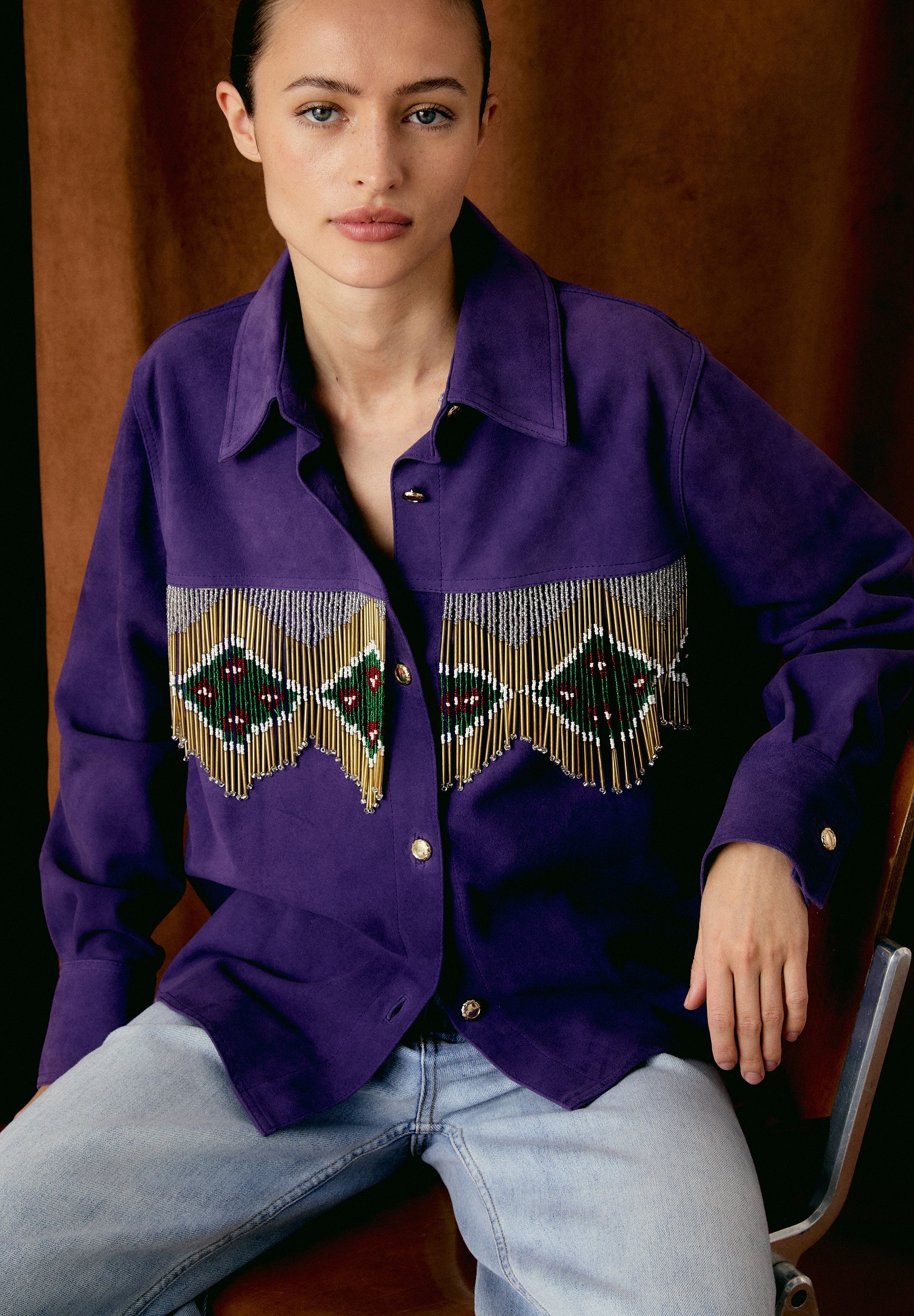 CHEMISE DAIM FRANGES PERLES